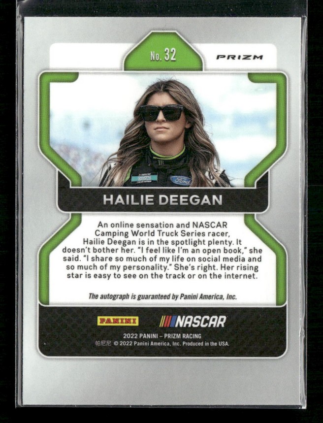 Panini NASCAR Prizm trading card featuring Hailie Deegan, No. 32, in a green-framed design
