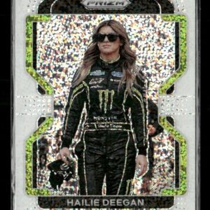 Hailie Deegan in a black Monster Energy racing suit, wearing sunglasses, posing on a holographic trading card with a neon green border.