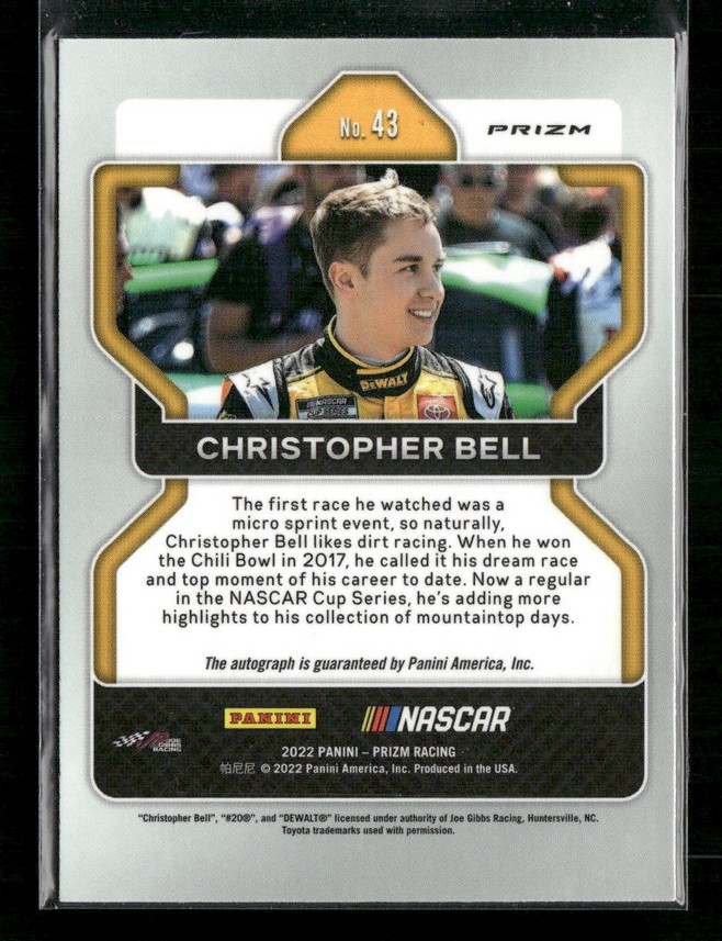 Back of Panini NASCAR trading card No. 43 showing Christopher Bell portrait in a race suit with bio text on the card