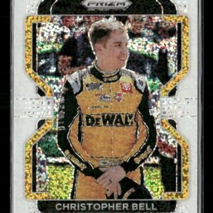 Trading card featuring NASCAR driver Christopher Bell in a yellow DeWalt racing suit with a holographic border.