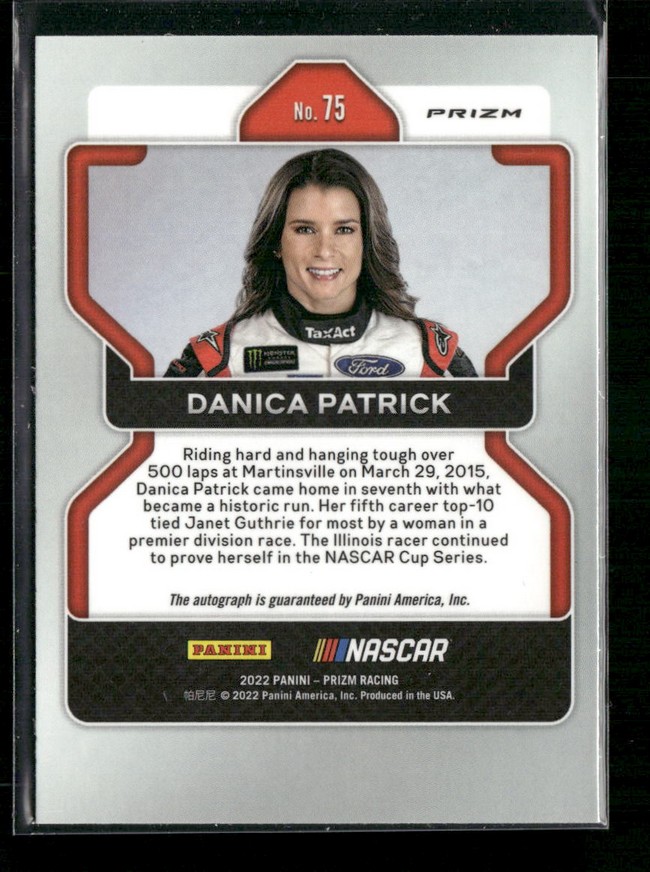 Danica Patrick NASCAR trading card with her portrait, No. 75, and sponsor logos (Panini/NASCAR) plus a short career bio text.