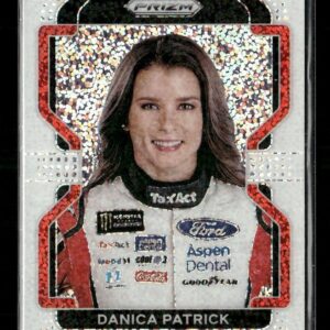 Portrait of a smiling female race car driver on a glittery trading card with sponsor logos on her white racing suit, red frame behind.