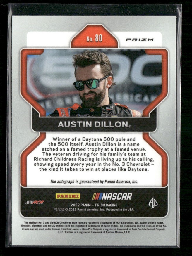 NASCAR trading card of Austin Dillon (No. 80) in a plastic case, wearing sunglasses, with Panini and NASCAR logos below the photo and a descriptive blurb about Daytona 500 etiquette.