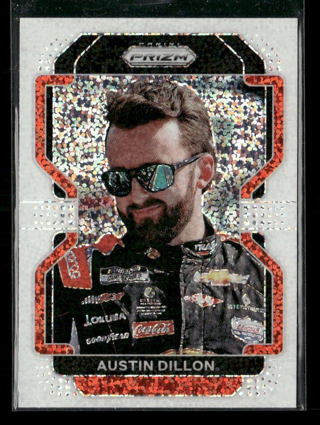 Bearded man wearing sunglasses on a shiny NASCAR trading card with red border and glittery background.