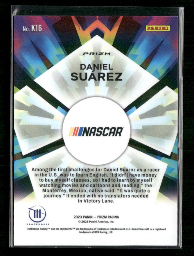 Back of a Daniel Suárez NASCAR Panini Prizm trading card; colorful geometric design with the Nascar logo and a biography paragraph on the back.
