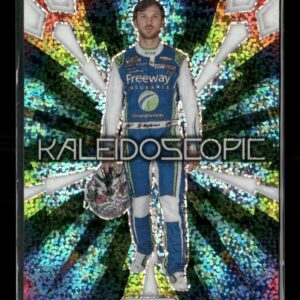 Trading card featuring Daniel Suárez in a blue racing suit, helmet in hand, with a rainbow kaleidoscope background.