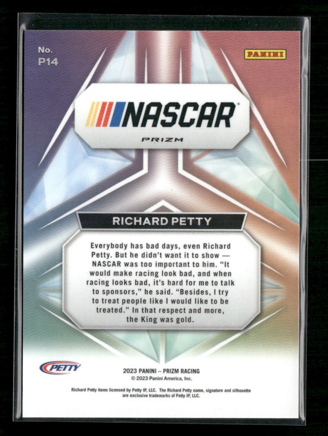NASCAR Prizm trading card featuring Richard Petty with a geometric background and a bio block describing his career and respect for sponsors.