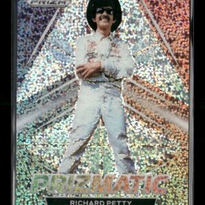 Holographic trading card of Richard Petty standing with arms crossed in a white suit and cowboy hat, Prizm branding visible at top left.