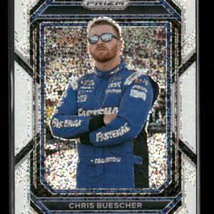 Man in a blue racing suit with sunglasses, arms crossed, posed inside a shiny, holographic card frame
