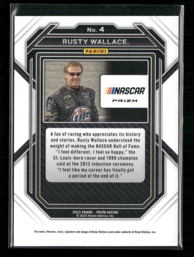 Back of a Panini NASCAR Prizm card featuring Rusty Wallace with a portrait in racing suit and a career bio block