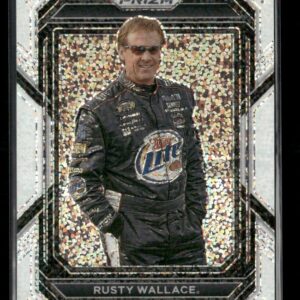 Rusty Wallace in a black racing suit on a glittery Prizm trading card background.