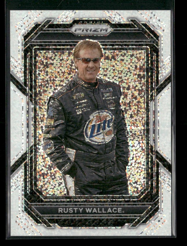 Rusty Wallace in a black racing suit on a glittery Prizm trading card background.