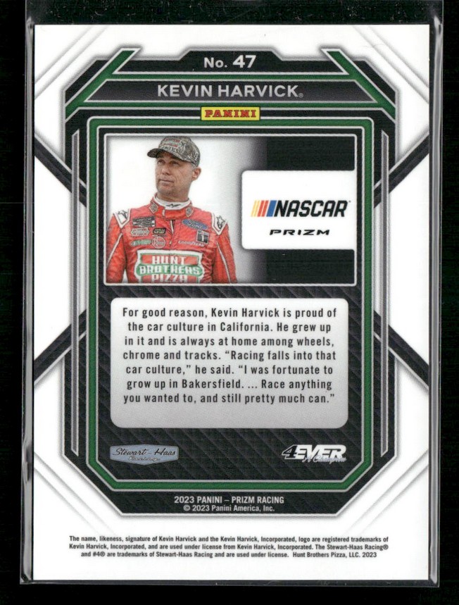 Trading card No. 47 featuring Kevin Harvick; portrait in a red racing suit with NASCAR Prizm branding and a biographical text box behind him.