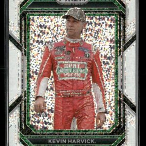 Kevin Harvick wearing a red racing suit on a Prizm trading card with a holo frame.
