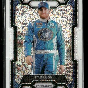 Holographic trading card showing a race car driver in a blue suit standing, with metallic border and Prizm branding across the bottom area.