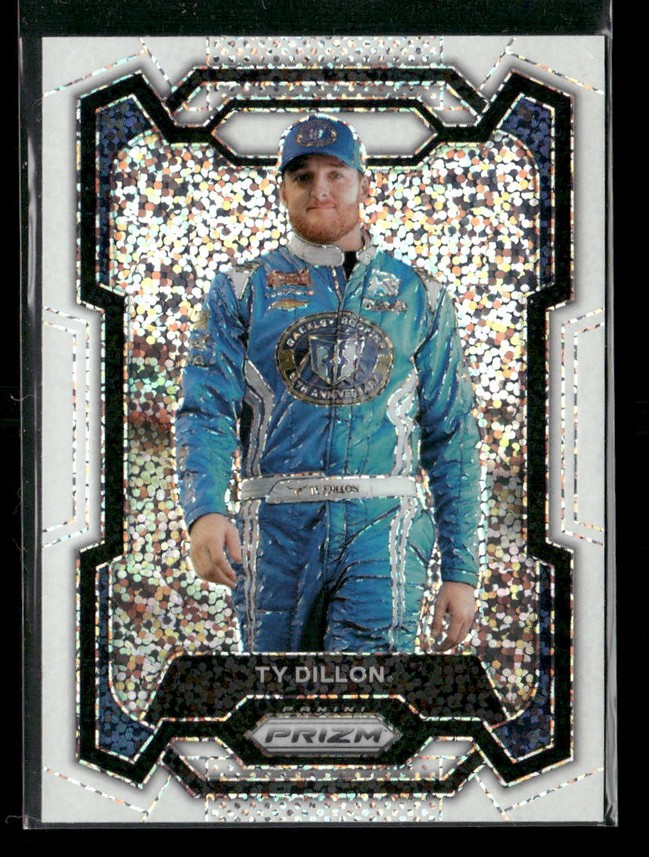 Holographic trading card showing a race car driver in a blue suit standing, with metallic border and Prizm branding across the bottom area.