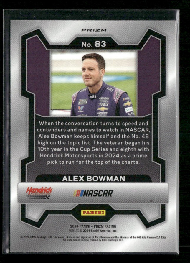 Panini Prizm 2024 NASCAR trading card featuring Alex Bowman, No. 83, with his portrait and a career summary, plus Hendrick Motorsports and NASCAR logos.