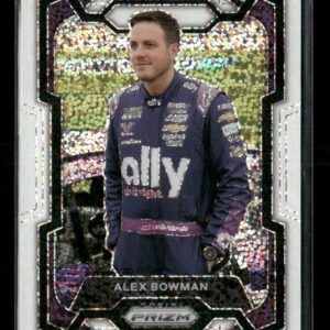 Trading card of NASCAR driver Alex Bowman in a purple Ally racing suit, framed by a holographic border; text reads 'ALEX BOWMAN' and 'PRISM'.