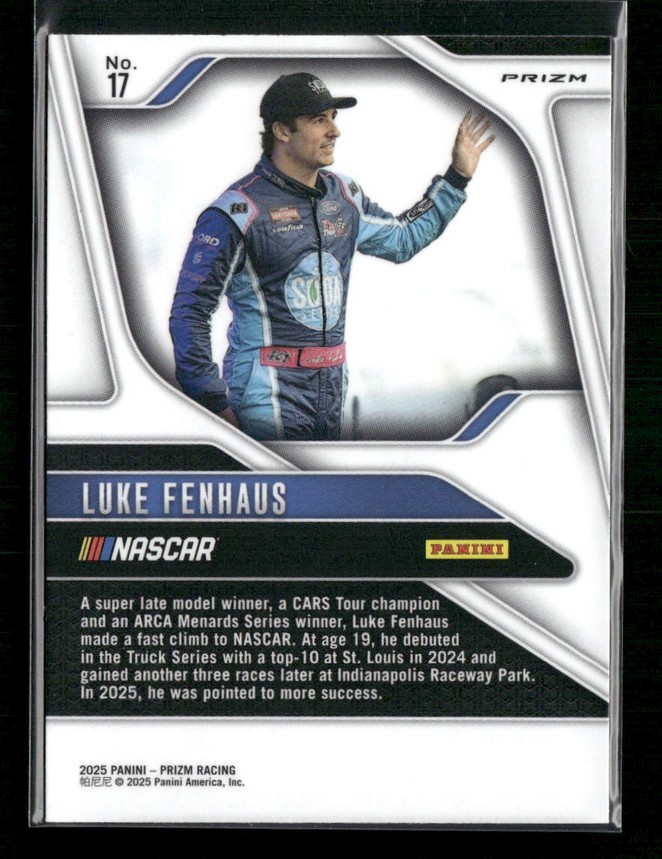 NASCAR trading card of Luke Fenhaus in a blue racing suit, waving; shows the name Luke Fenhaus, NASCAR and Panini logos, plus a short bio text.