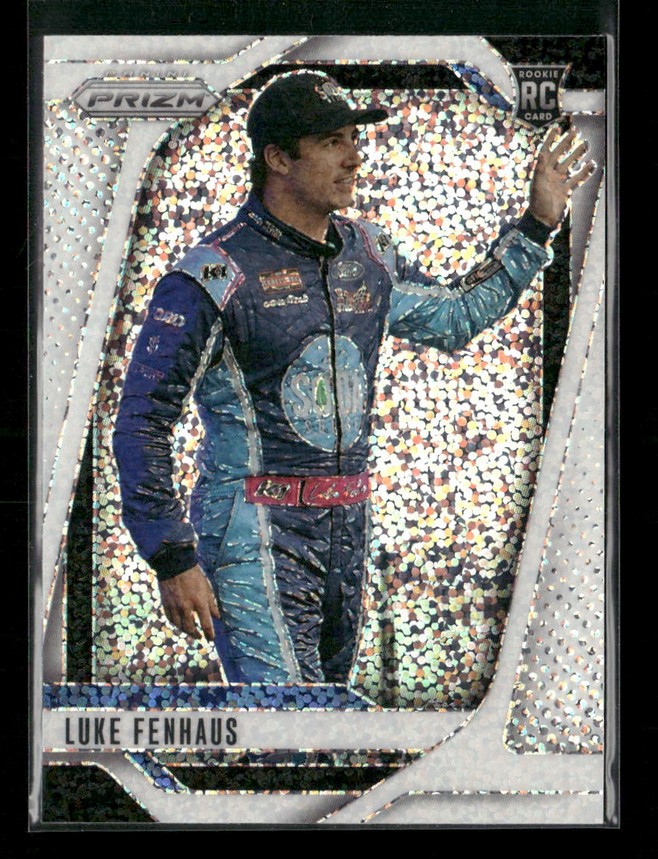 Luke Fenhaus trading card: driver in blue racing suit waving, holographic background, with his name at the bottom and a rookie card badge.