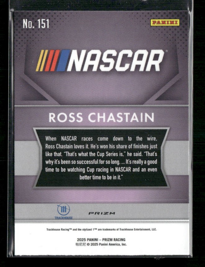 NASCAR trading card No. 151 featuring Ross Chastain on a purple background with a quote panel about Cup Series racing artifacts there.