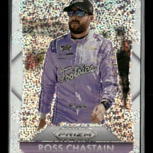 Trading card of a race car driver in a purple racing suit, with a holographic speckled background and a Prizm logo at the bottom.