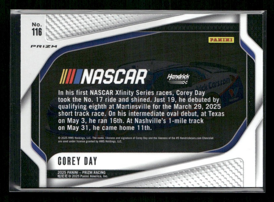 Trading card featuring Corey Day for NASCAR Panini Prizm; black-silver design with NASCAR logo, No. 116, and a paragraph describing his early Xfinity Series races.