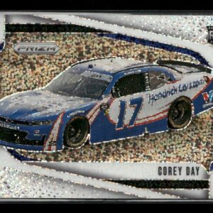 Trading card featuring a blue No. 17 Hendrick Motorsports race car on a speckled background, with 'Corey Day' and 'RC Rookie Card' text.