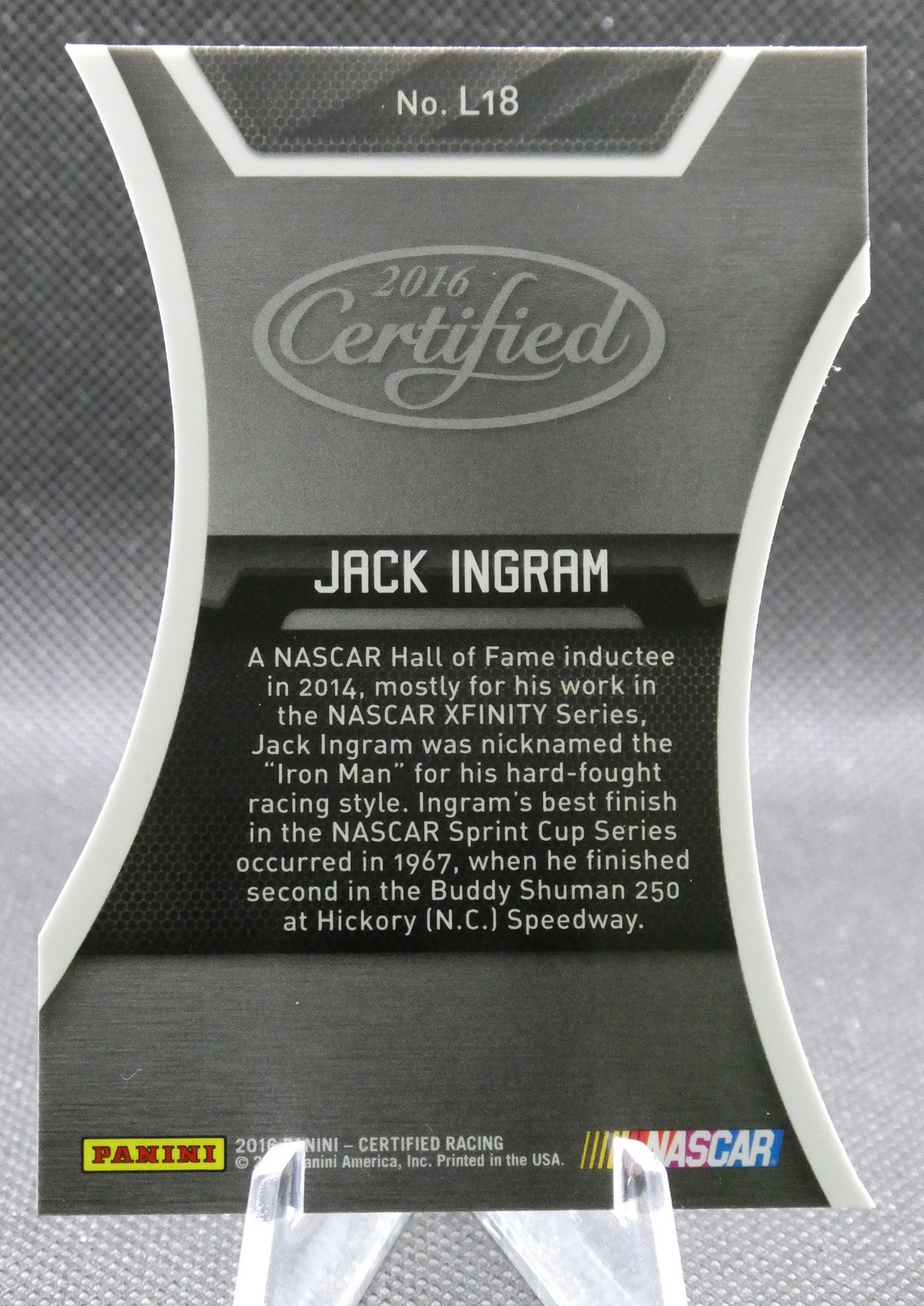 Panini NASCAR card back for Jack Ingram (2016 Certified), with bio text about his racing career and Hall of Fame note; Panini and NASCAR logos at bottomA