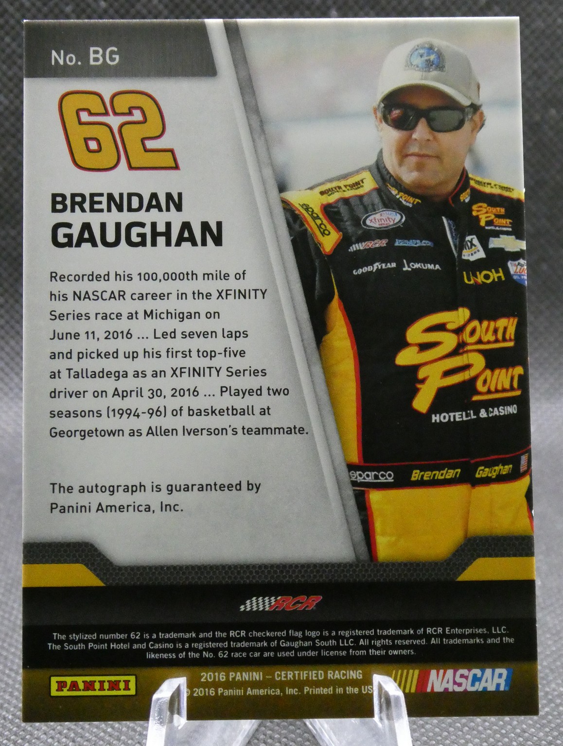 Brendan Gaughan NASCAR trading card, No. 62, with bio text beside a photo in a racing suit.