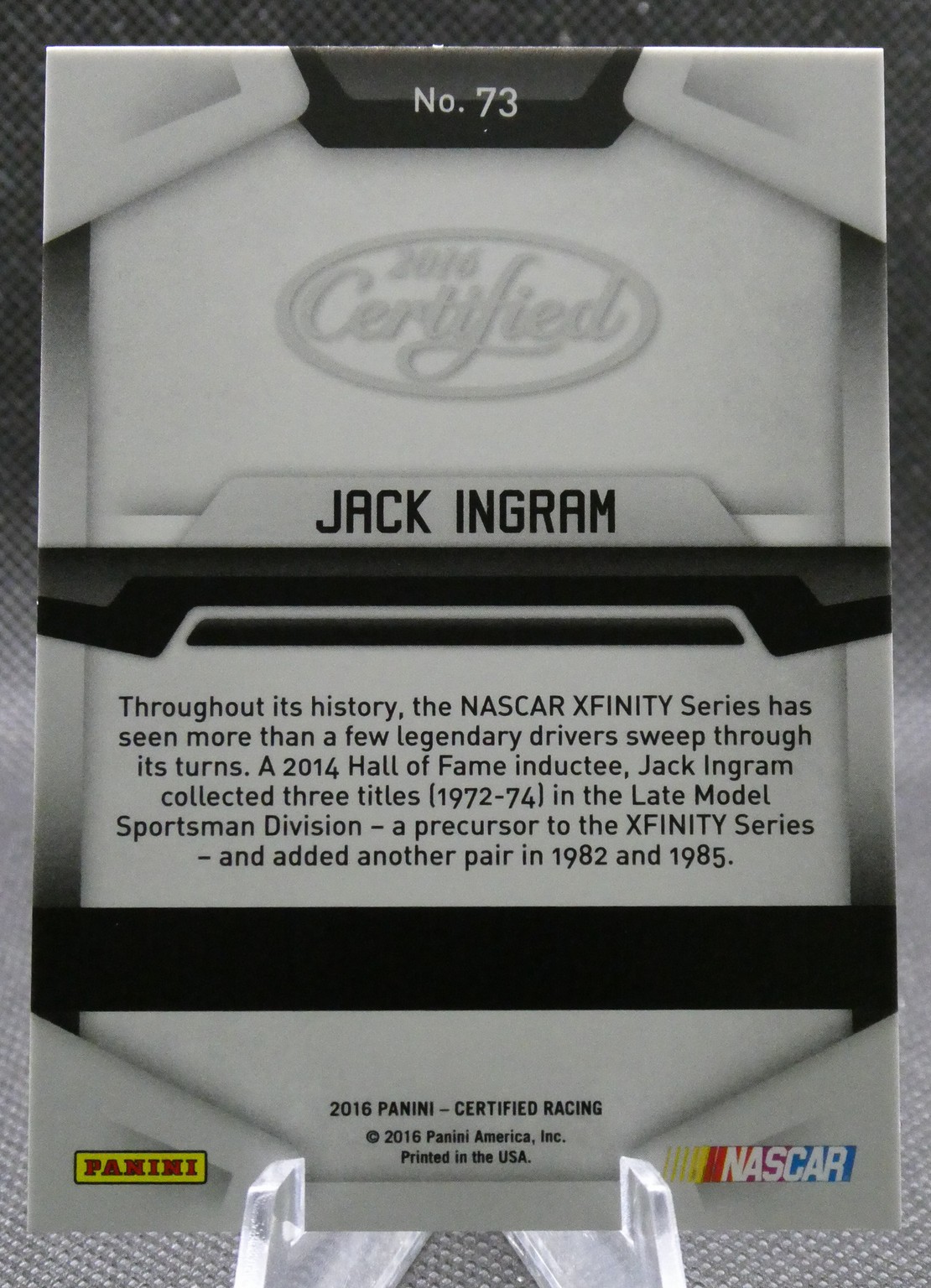 Back of a Panini NASCAR trading card for Jack Ingram, with biography text about his NASCAR history and Hall of Fame note