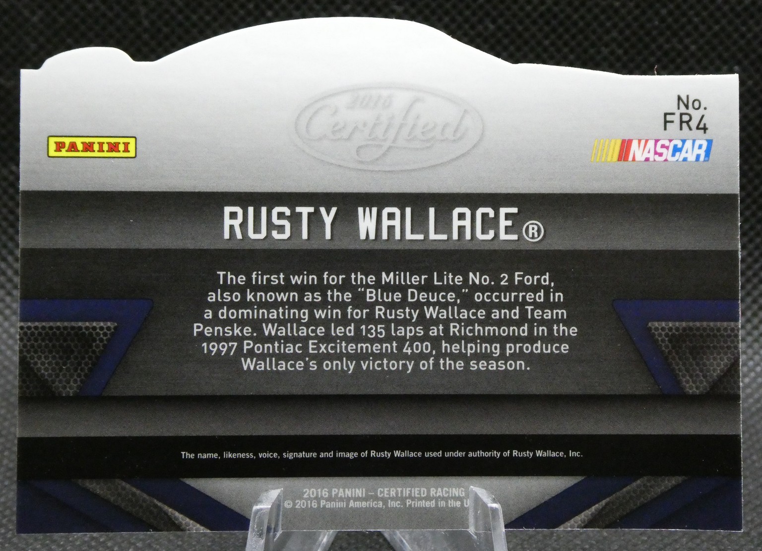 Rusty Wallace NASCAR trading card back with descriptive text about his 1997 Richmond win.