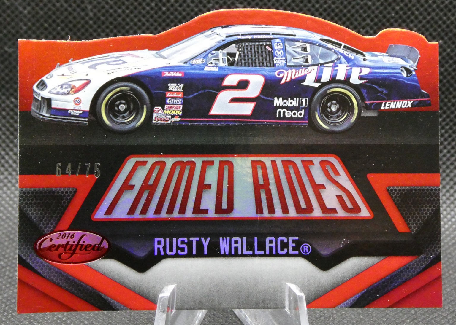 Collectible trading card featuring Rusty Wallace's No. 2 NASCAR car with Miller Lite sponsorship, shown above a bold 'Famed Rides' graphic (64/75).