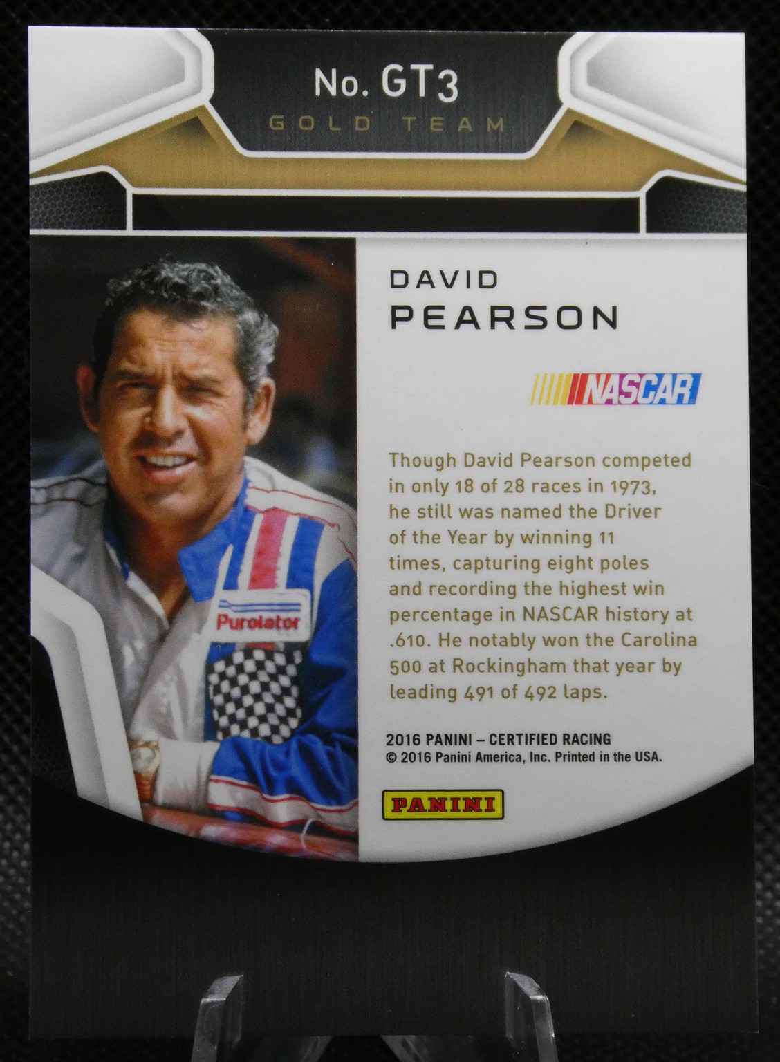 David Pearson NASCAR card with portrait left and bio text on the right, featuring NASCAR logo and Panini branding under 'No. GT3 Gold Team'.