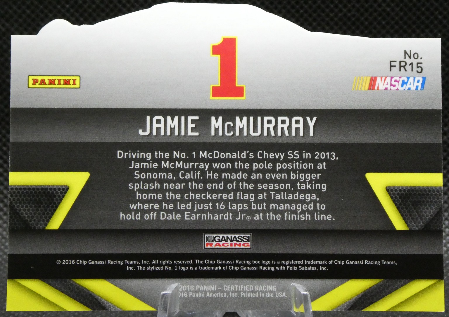 NASCAR Panini trading card for Jamie McMurray, No. 1, with sponsor logos and a short bio text.