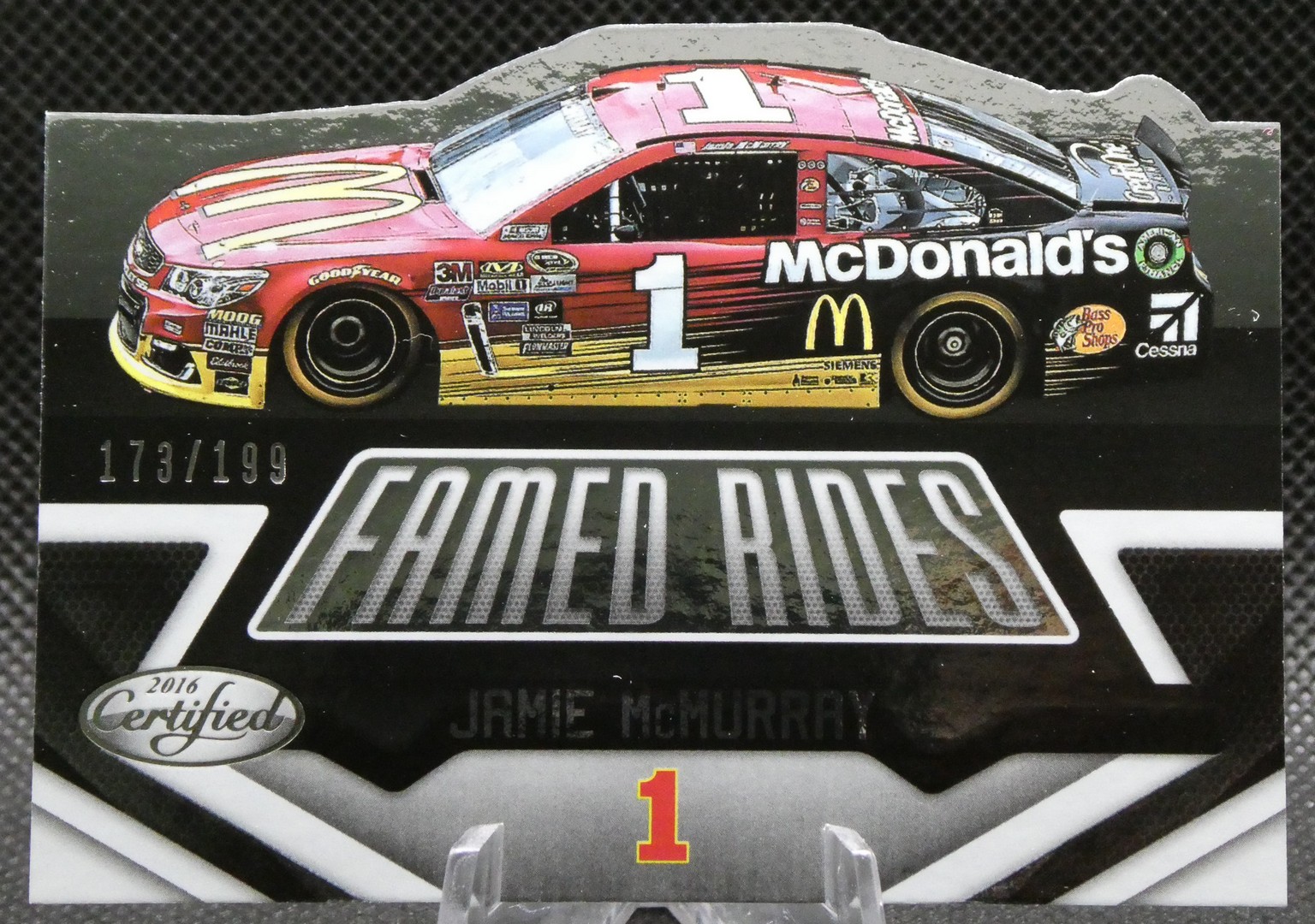 Trading card featuring Jamie McMurray's #1 car with McDonald's livery, 'Famous Rides' title, 173/199.
