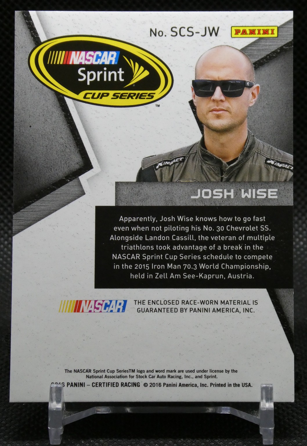 Panini NASCAR Sprint Cup Series trading card featuring Josh Wise in sunglasses with bio text and logos.