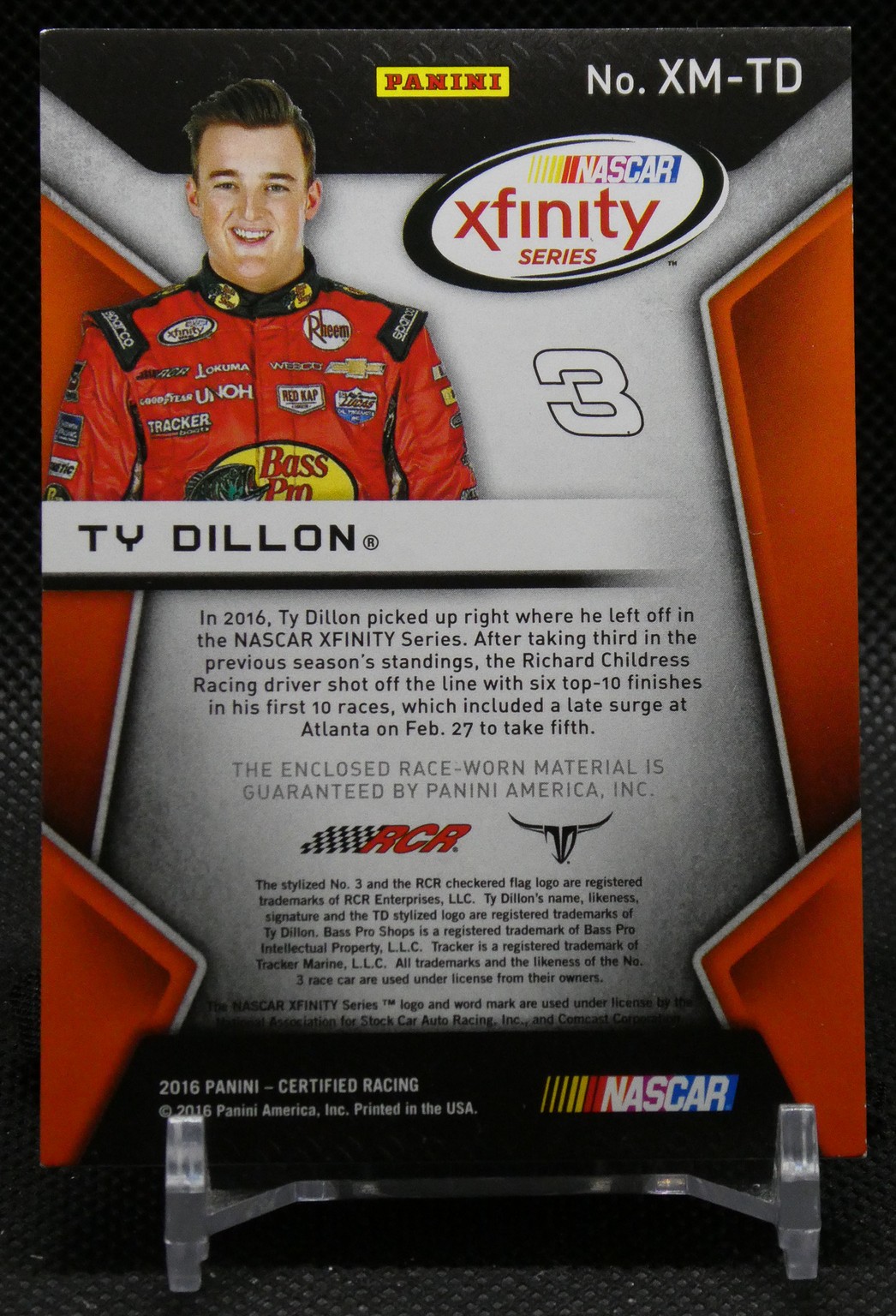 NASCAR Xfinity Series trading card featuring Ty Dillon in a red racing suit with the number 3 on the chest/keepsakes logos around him.
