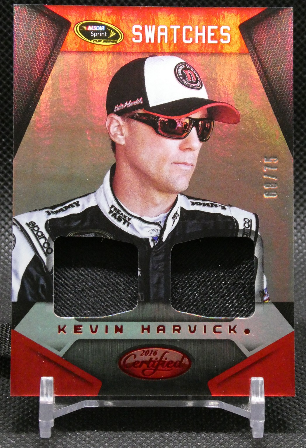 Trading card featuring Kevin Harvick with two fabric swatches labeled SWATCHES, 2016 Certified, NASCAR logo visible in top left.