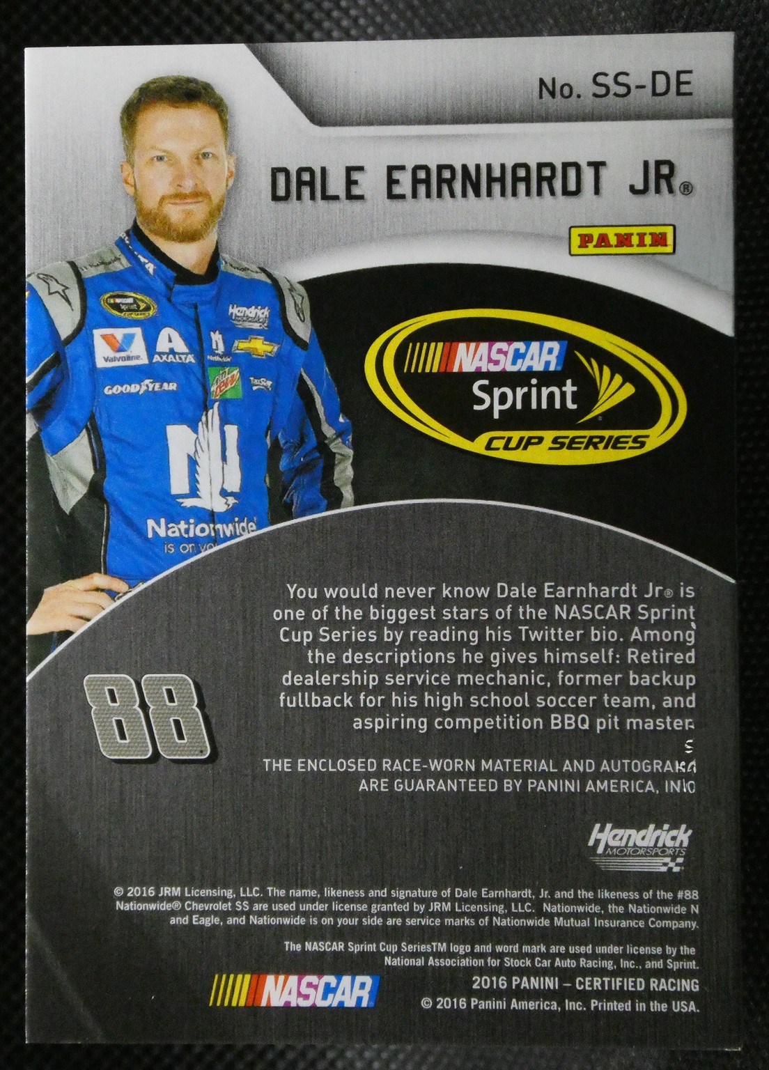Dale Earnhardt Jr. in a blue racing suit next to a NASCAR Sprint Cup Series logo and Panini branding; number 88 visible at bottom left.