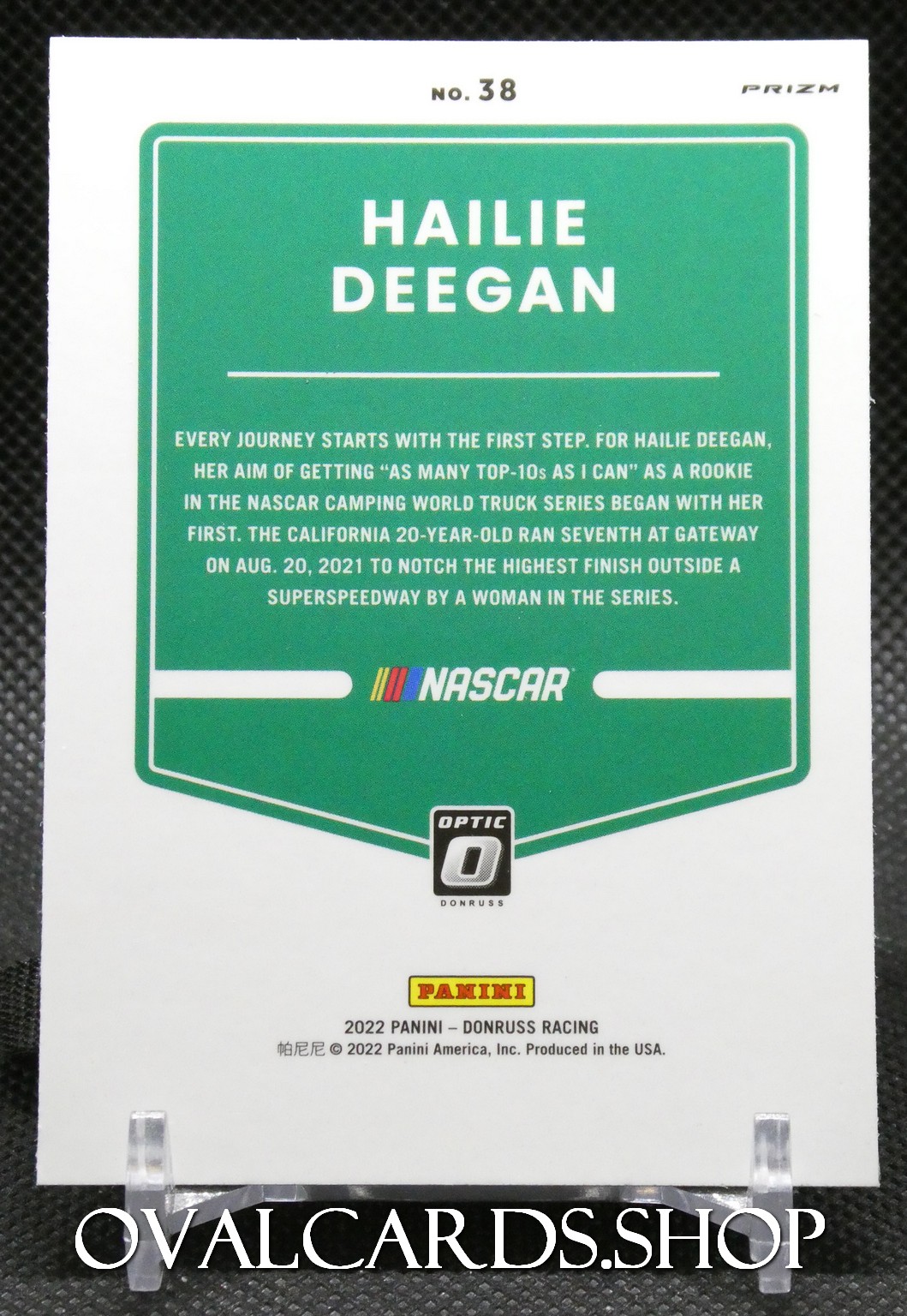 Green NASCAR trading card featuring the name Hailie Deegan in white letters, with NASCAR logo and Panini branding at the bottom.