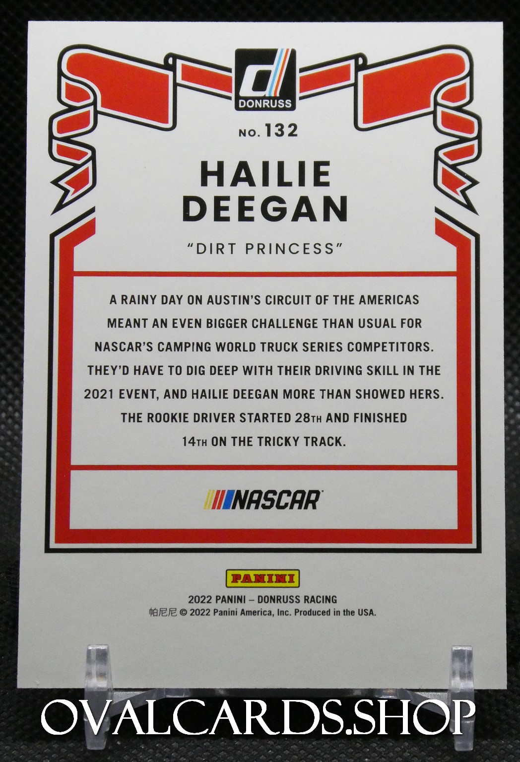 Trading card back featuring Hailee Deegan 'Dirt Princess' with NASCAR logo and Panini branding (Donruss 2022).