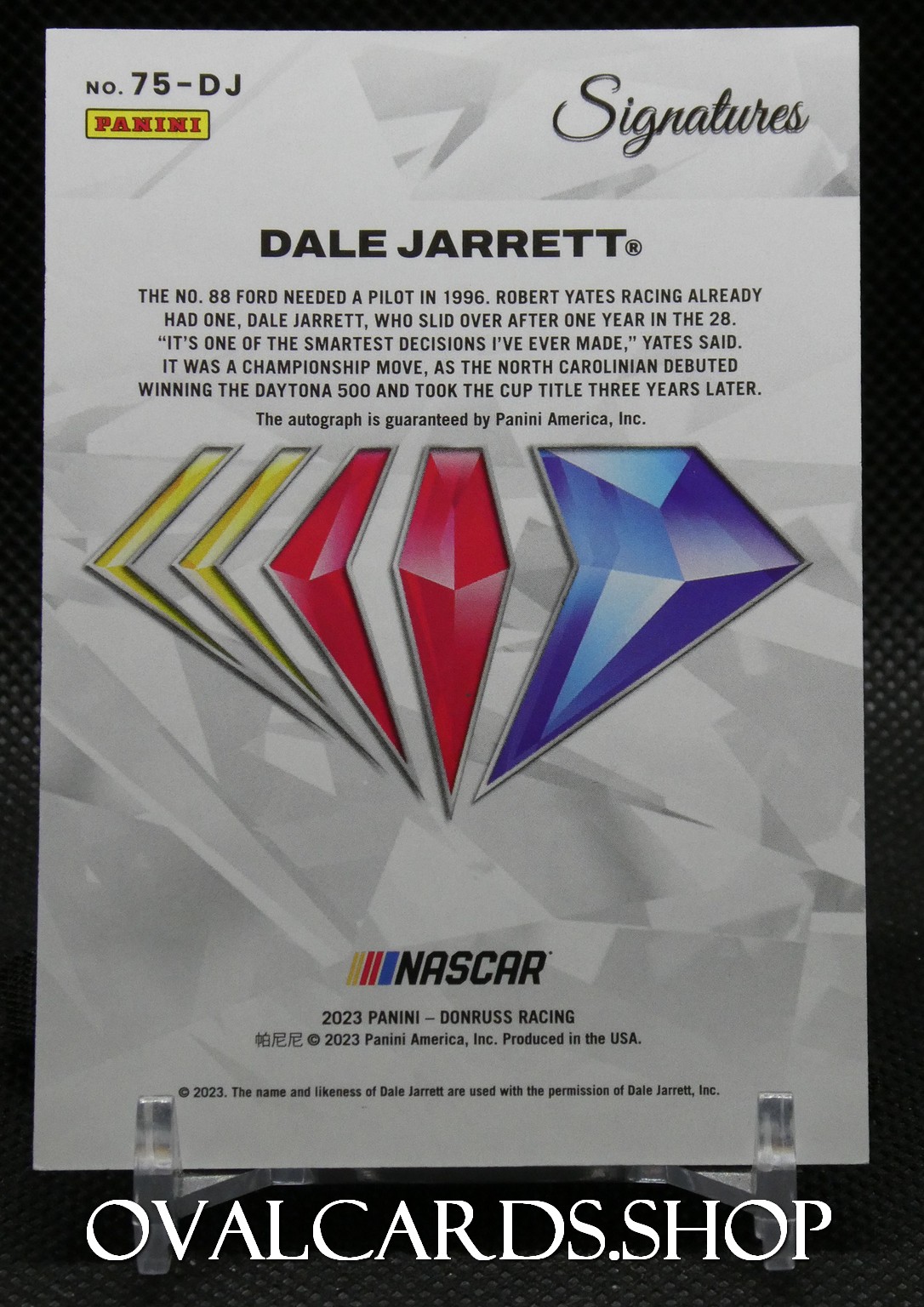 Panini Signatures card featuring Dale Jarrett, with diamond-shaped logo and NASCAR branding, 2023 Panini Donruss Racing