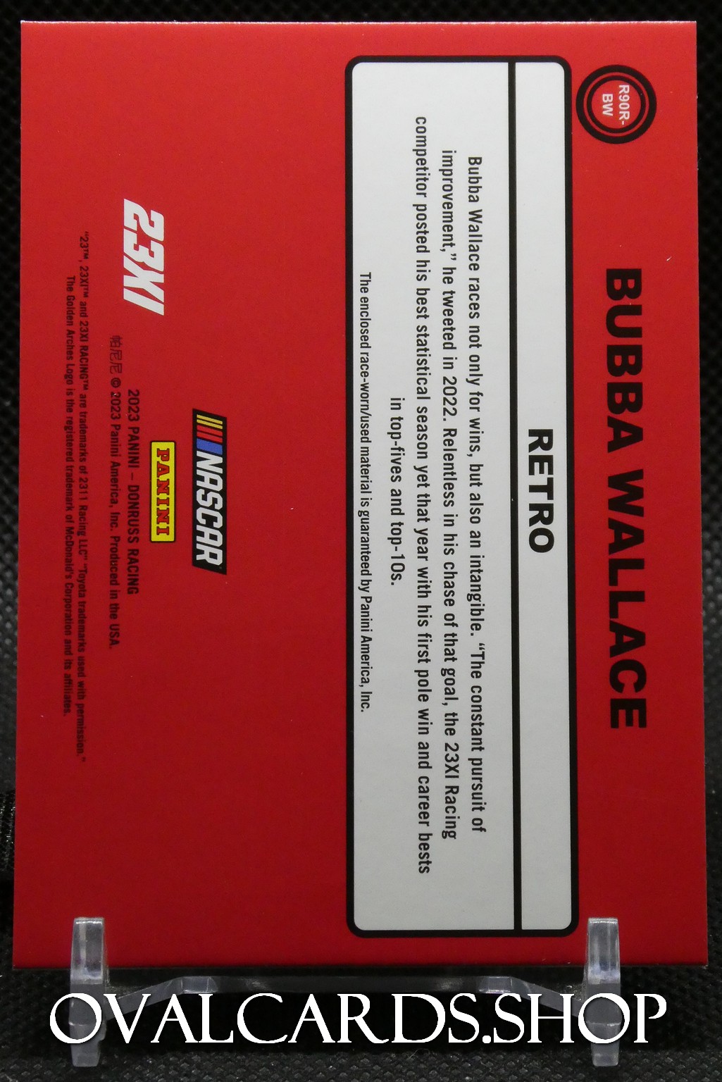 Red Panini NASCAR Bubba Wallace Retro card box with a white vertical description panel and logos on the left; watermark text 'OVALCARDS.SHOP' at the bottom.