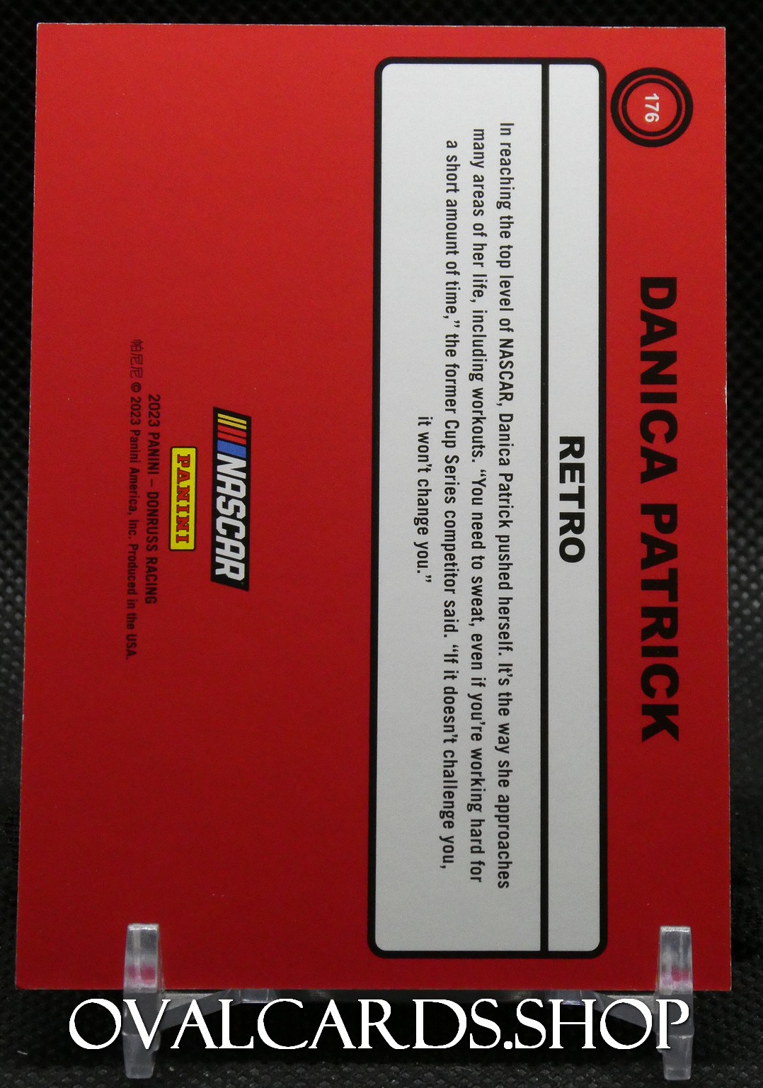 Red Danica Patrick NASCAR Retro card with a vertical white info panel and a black-bordered edge; includes Panini logo.