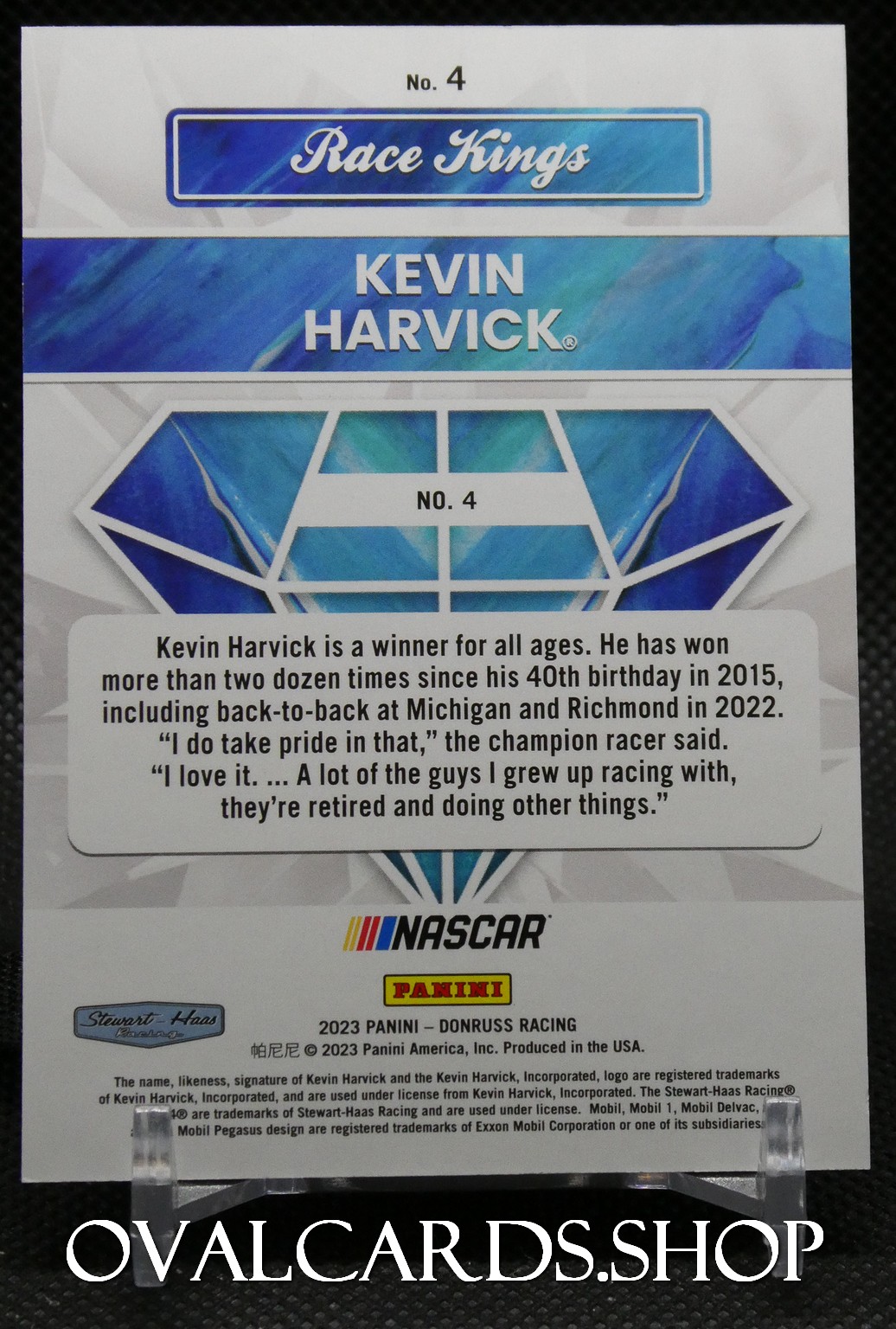 Front of a Kevin Harvick NASCAR trading card: 'Race Kings', blue banner, No. 4, with a geometric diamond graphic and bio text.