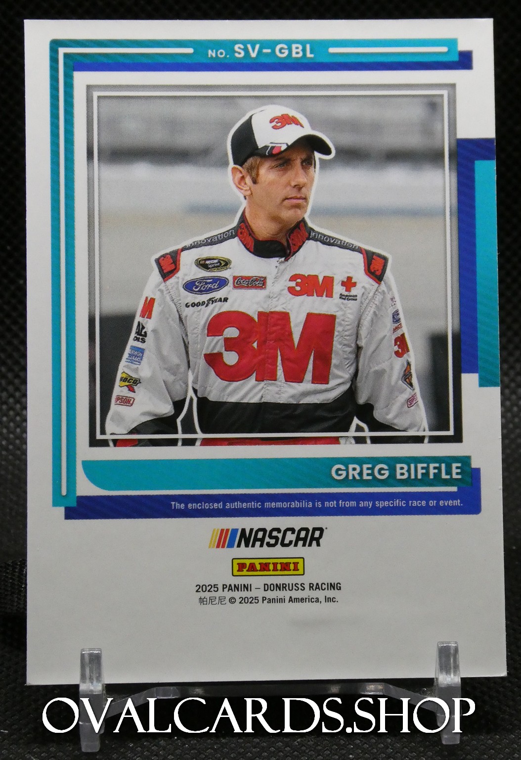 Panini NASCAR trading card featuring Greg Biffle in a white 3M racing suit and cap.