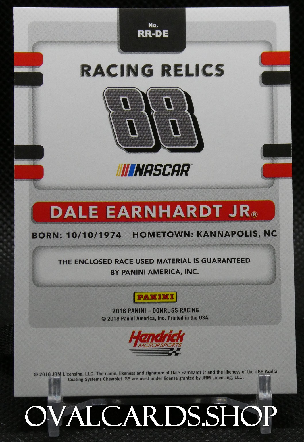 Racing relics NASCAR card for Dale Earnhardt Jr., #88, with Panini and Hendrick Motorsports logos.