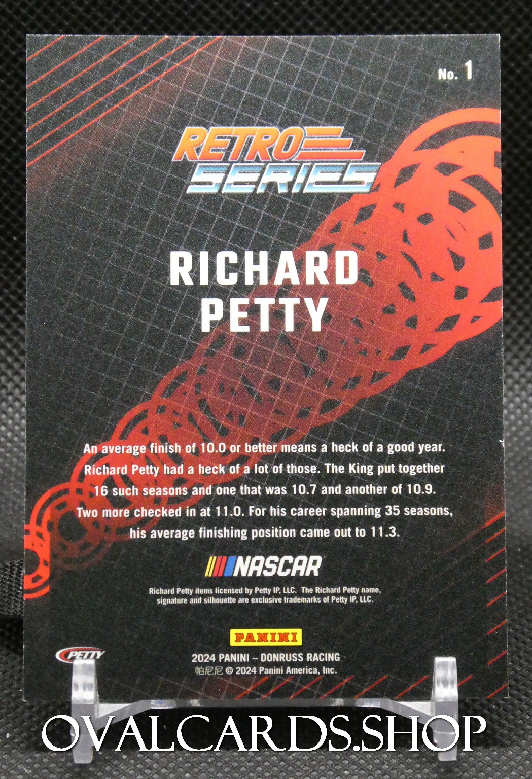 NASCAR Retro Series card for Richard Petty, bold white name on a dark background with a red lattice design and Panini branding at the bottom.