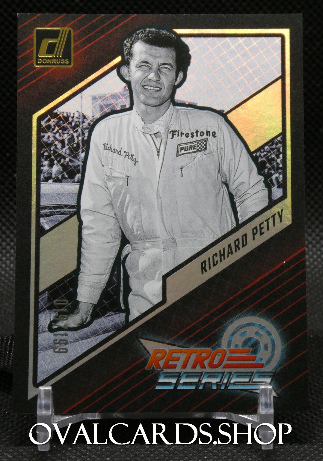 Trading card featuring NASCAR driver Richard Petty in a white racing suit with Firestone patch, labeled Richard Petty, from the Donruss Retro Series.